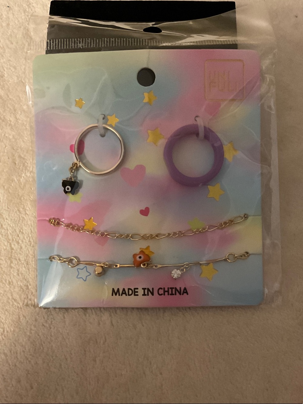 Kids Purple Ring and Gold Charm Bracelet Set with Fish Charms